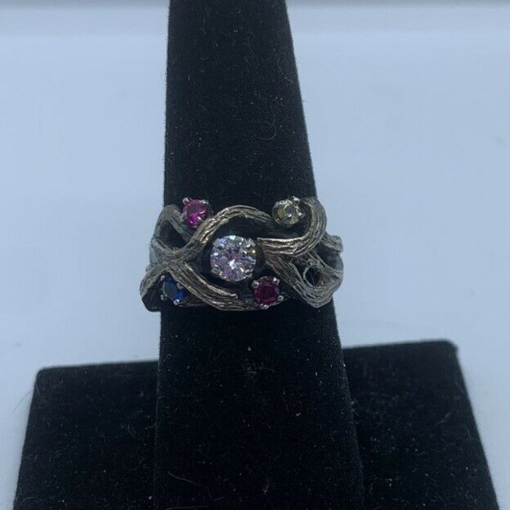 Vintage Sterling Silver Abstract Ring W/White, Red, Blue & Yellow Stones 7.5